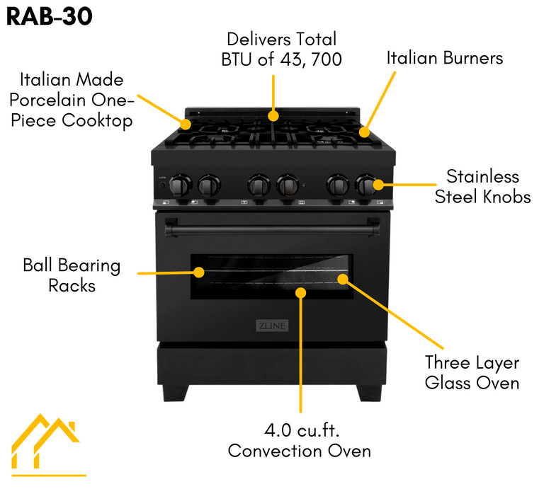 ZLINE 30 in. Dual Fuel Range in Black Stainless Steel & 30 in. Range Hood Package Package, 2KP-RABRH30