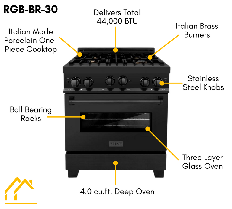 ZLINE Appliance Package - 30 in. Black Stainless Steel Gas Range, Range Hood, Microwave Drawer and Dishwasher  4KP-RGBRH30-MWDW
