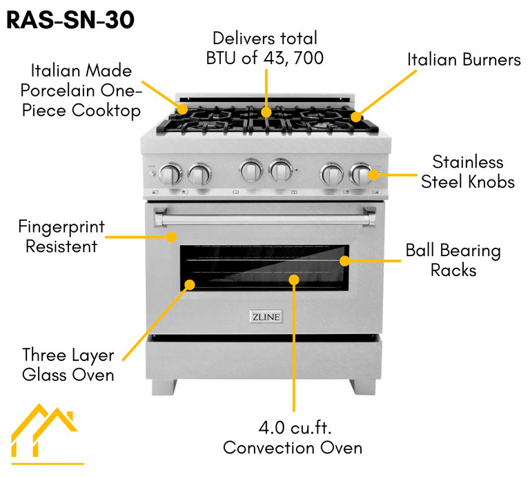 ZLINE Appliance Package - 30 in. DuraSnow® Stainless Dual Fuel Range, Ducted Vent Range Hood and Dishwasher - 3KP-RASRH30-DW