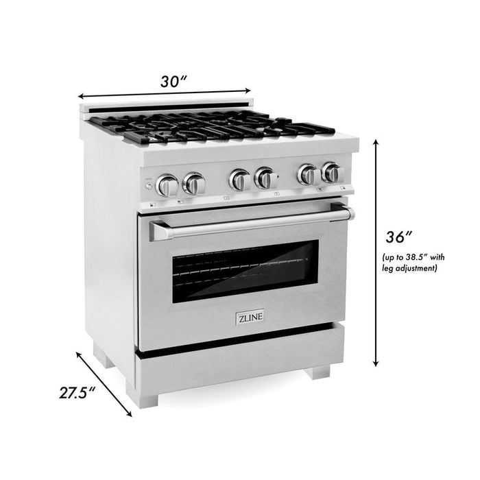 ZLINE Appliance Package - 30 in. DuraSnow® Stainless Dual Fuel Range, Ducted Vent Range Hood and Dishwasher - 3KP-RASRH30-DW