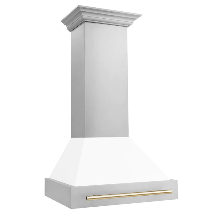 ZLINE 30 Inch Autograph Edition Range Hood with White Matte Shell and Gold Handle, 8654STZ-WM30-G