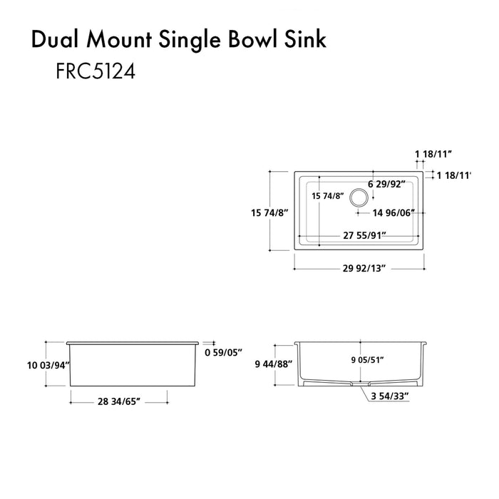 ZLINE 30" Rome Dual Mount Single Bowl Fireclay Kitchen Sink with Bottom Grid