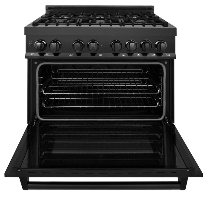 ZLINE 36 in. Dual Fuel Range, Range Hood Black Stainless Steel Package, 2KP-RABRH36