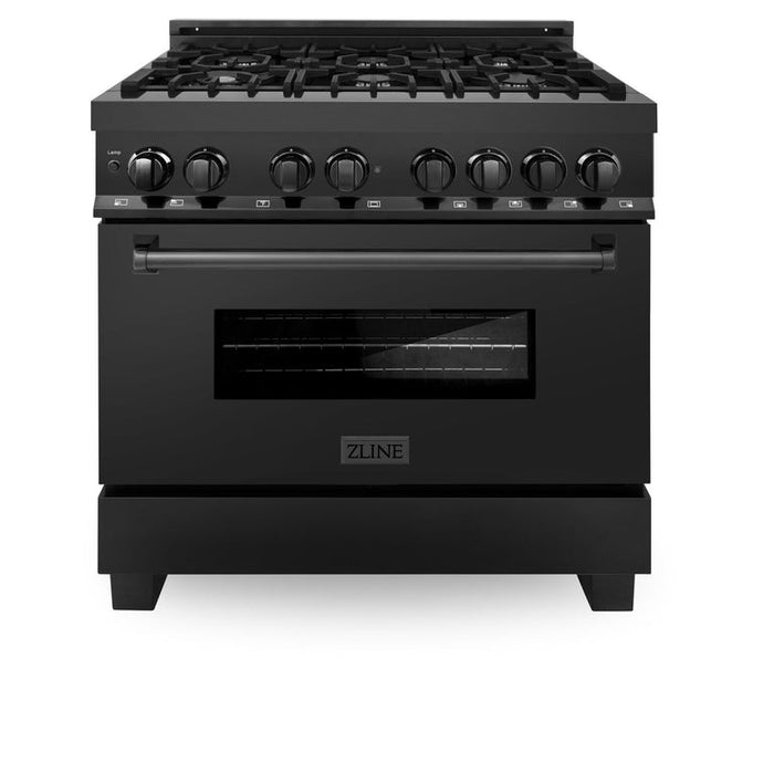 ZLINE 36 in. Dual Fuel Range, Range Hood Black Stainless Steel Package, 2KP-RABRH36