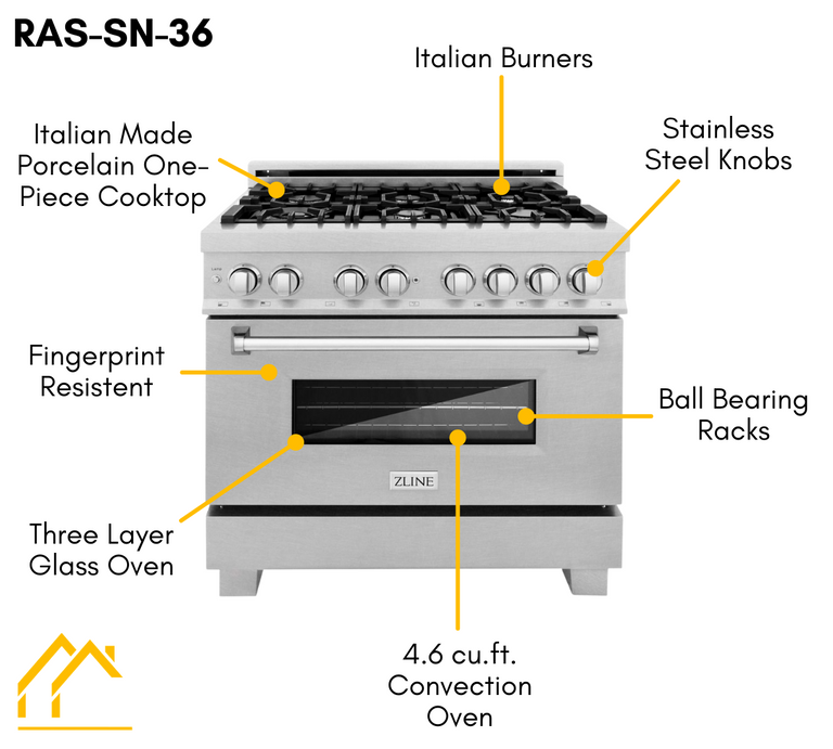 ZLINE Appliance Package - 36 in. Kitchen Package with DuraSnow® Stainless Dual Fuel Range, Ducted Vent Range Hood and Dishwasher - 3KP-RASRH36-DW