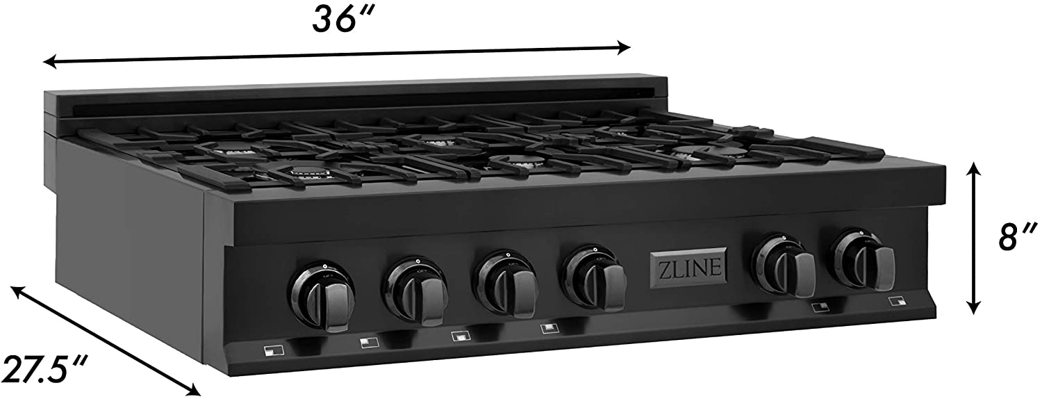 ZLINE 36" Professional Black Stainless Gas Rangetop with 6 Gas Burners - RTB-BR-36