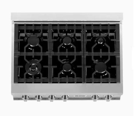 ZLINE 36” Professional Stainless Steel Gas Rangetop with 6 Gas Burners