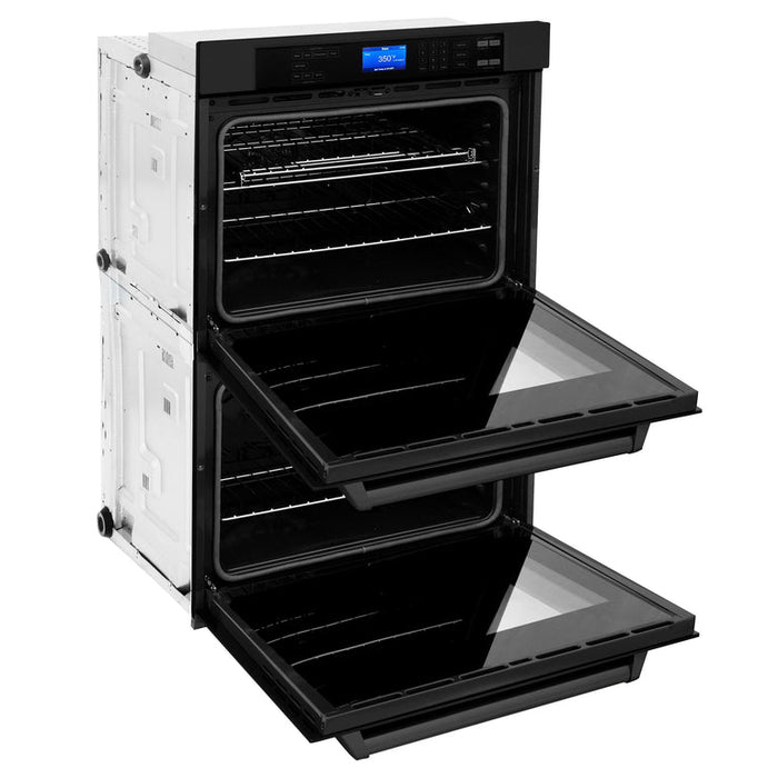 ZLINE 4-Piece Appliance Package - 30 In. Rangetop, Range Hood, Refrigerator, and Double Wall Oven in Black Stainless Steel - 4KPR-RTBRH30-AWD