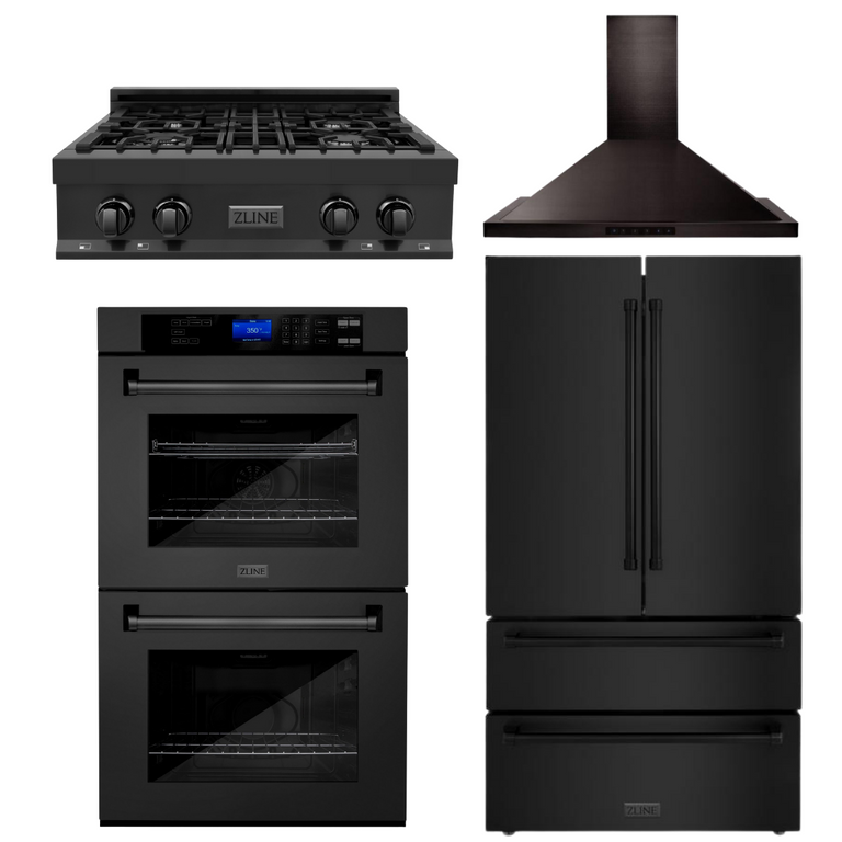 ZLINE 4-Piece Appliance Package - 30 In. Rangetop, Range Hood, Refrigerator, and Double Wall Oven in Black Stainless Steel 