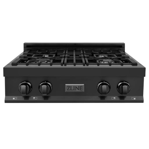 ZLINE 4-Piece Appliance Package - 30 In. Rangetop, Range Hood, Refrigerator, and Double Wall Oven in Black Stainless Steel - 4KPR-RTBRH30-AWD