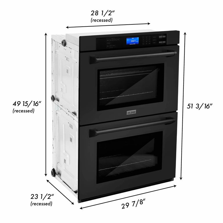 ZLINE 4-Piece Appliance Package - 30 In. Rangetop, Range Hood, Refrigerator, and Double Wall Oven in Black Stainless Steel - 4KPR-RTBRH30-AWD