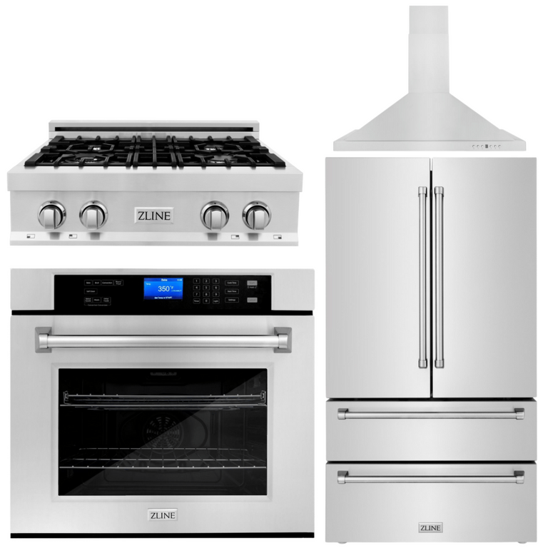 ZLINE 4-Piece Appliance Package - 30 In. Rangetop, Range Hood, Refrigerator, and Double Wall Oven in Stainless Steel