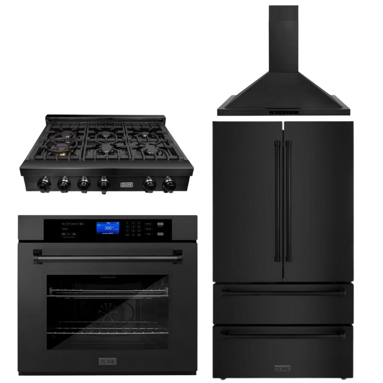 Products ZLINE 4-Piece Appliance Package - 36 In. Rangetop, Range Hood, Refrigerator, and Wall Oven in Black Stainless Steel 