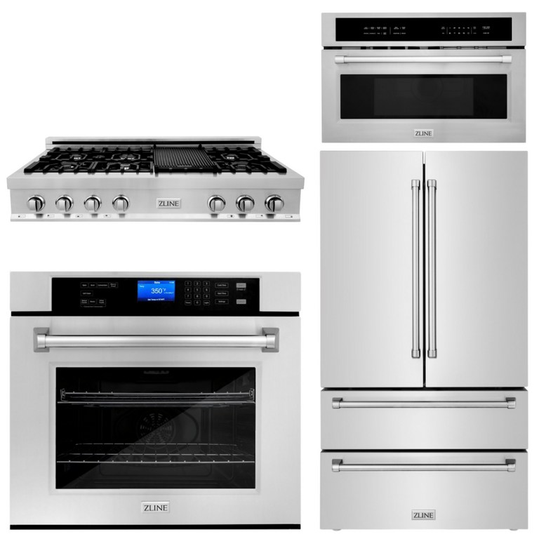 ZLINE Appliance Package - 4-Piece Appliance Package - 48 In. Rangetop, Wall Oven, Refrigerator, and Microwave Oven in Stainless Steel