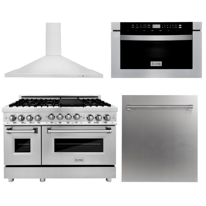 ZLINE Appliance Package - 48" Dual Fuel Range, Range Hood, Microwave Drawer, Dishwasher - 4KP-RARH48-MWDW