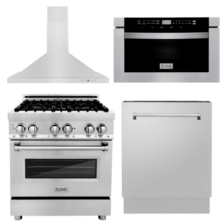 ZLINE Appliance Package - 30 in. Dual Fuel Range, 30 in. Range Hood, Microwave Drawer, 3 Rack Dishwasher - 4KP-RARH30-MWDWV