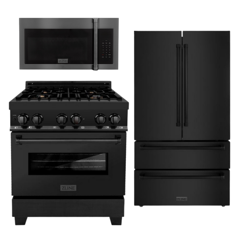 ZLINE Appliance Package - 30 in. Dual Fuel Range, Microwave, Refrigerator in Black Stainless 