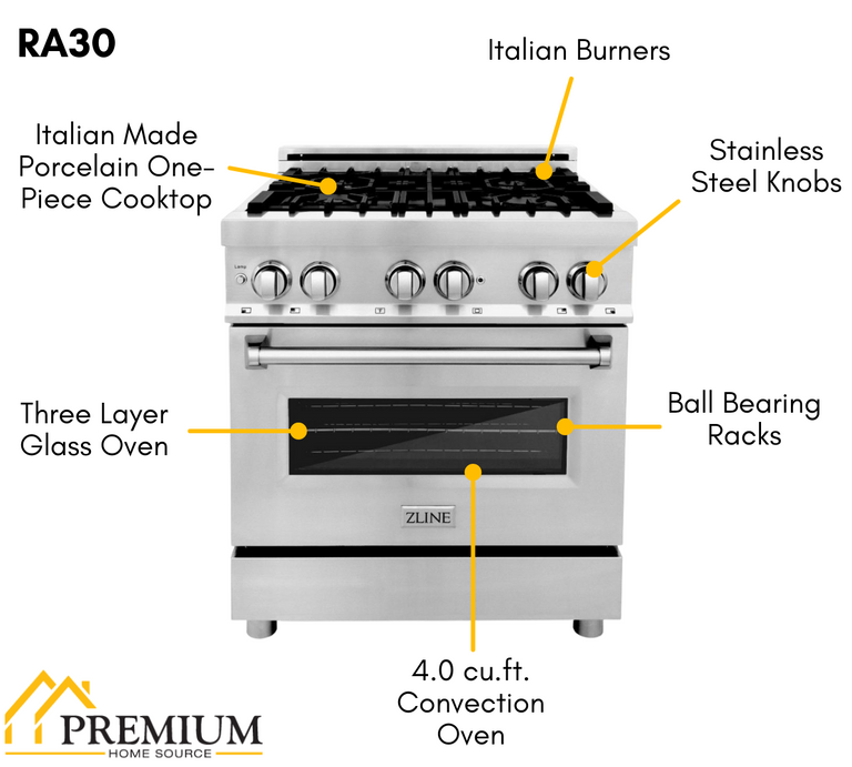 ZLINE Appliance Package - 30 in. Dual Fuel Range, Over-the-Range Microwave, 3 Rack Dishwasher, Refrigerator - 4KPR-RAOTRH30-DWV