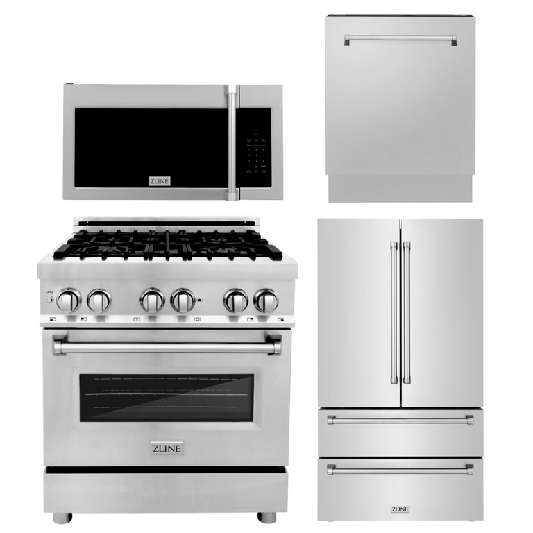 ZLINE Appliance Package - 30 in. Dual Fuel Range, Over-the-Range Microwave, 3 Rack Dishwasher, Refrigerator