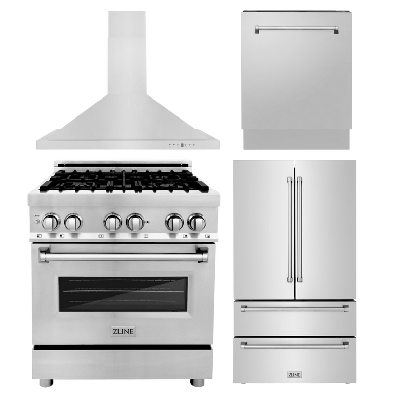 ZLINE Appliance Package - 30 in. Dual Fuel Range, Range Hood, 3 Rack Dishwasher, Refrigerator 