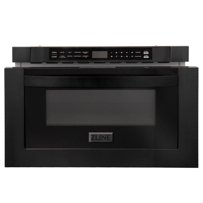 ZLINE Appliance Package - 30 in. Dual Fuel Range, Range Hood, Microwave Drawer, Refrigerator in Black Stainless - 4KPR-RABRH30-MW