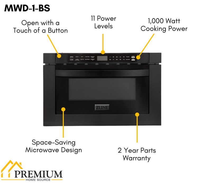 ZLINE Appliance Package - 30 in. Dual Fuel Range, Range Hood, Microwave Drawer, Refrigerator in Black Stainless - 4KPR-RABRH30-MW