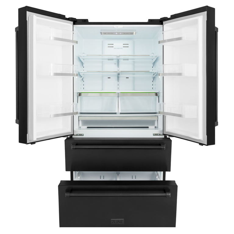 ZLINE Appliance Package - 30 in. Dual Fuel Range, Range Hood, Microwave Drawer, Refrigerator in Black Stainless - 4KPR-RABRH30-MW