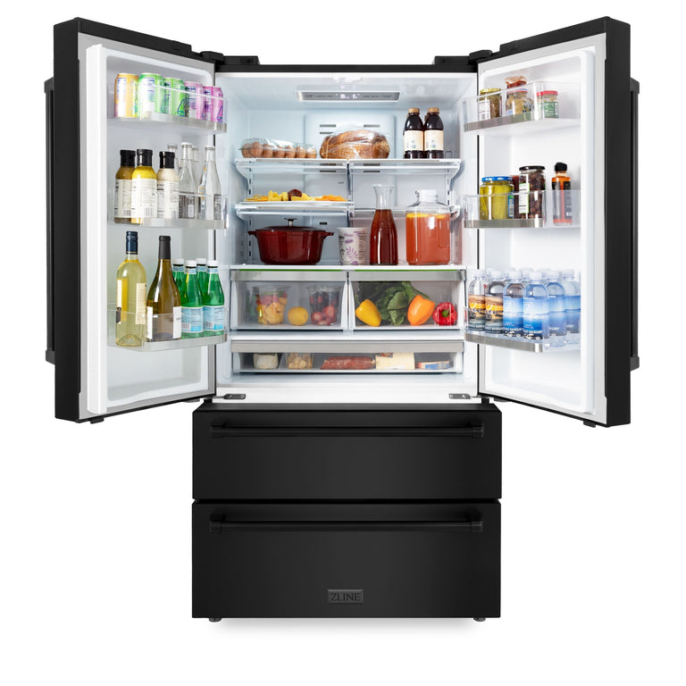 ZLINE Appliance Package - 30 in. Dual Fuel Range, Range Hood, Microwave Drawer, Refrigerator in Black Stainless - 4KPR-RABRH30-MW