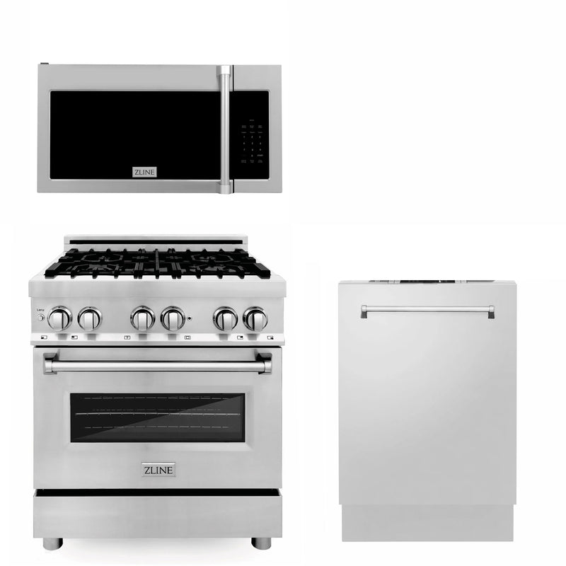 Products ZLINE Appliance Package - 30" Kitchen Package with Stainless Steel Dual Fuel Range, Traditional Over The Range Microwave and Dishwasher