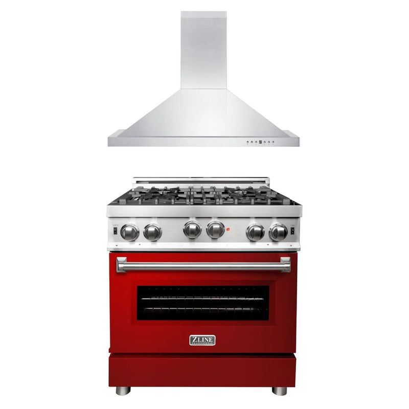 Products ZLINE Appliance Package - 30" Kitchen Package with Stainless Steel Gas Range with Red Gloss Door and Convertible Vent Range Hood 