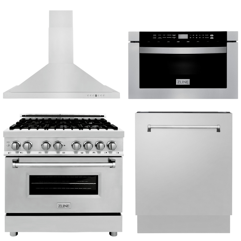 ZLINE Appliance Package - 36 in. Dual Fuel Range, Range Hood, Microwave Drawer, 3 Rack Dishwasher