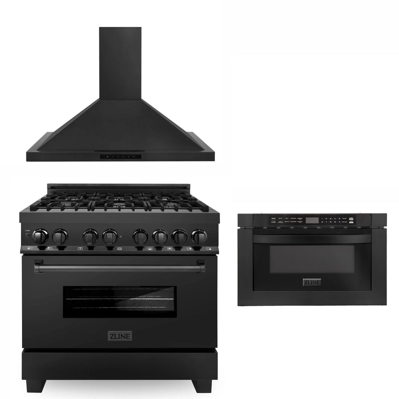 ZLINE Appliance Package - 36" Kitchen Package with Black Stainless Steel Dual Fuel Range, Convertible Vent Range Hood and Microwave Drawer 