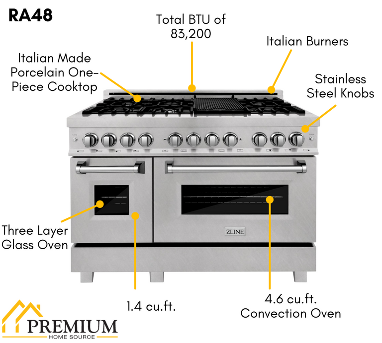 ZLINE Appliance Package - 48 In. Dual Fuel Range, Range Hood, 3 Rack Dishwasher - 3KP-RARH48-DWV