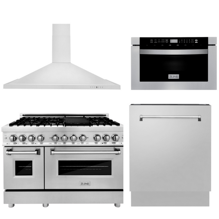 ZLINE Appliance Package - 48 In. Dual Fuel Range, Range Hood, Microwave Drawer, 3 Rack Dishwasher