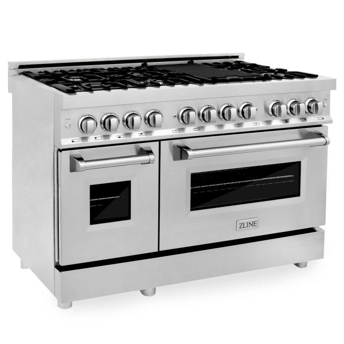 ZLINE Appliance Package - 48 In. Dual Fuel Range, Range Hood, Microwave Drawer, 3 Rack Dishwasher - 4KP-RARH48-MWDWV