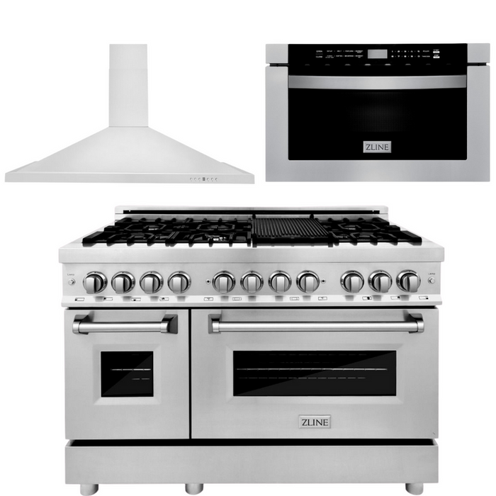 ZLINE Appliance Package - 48 in. Dual Fuel Range, Range Hood, Microwave Drawer - 3KP-RARH48-MW