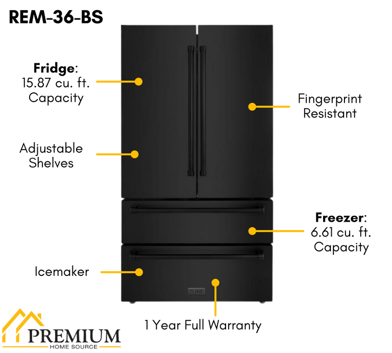 ZLINE Appliance Package - 48 in. Dual Fuel Range, Range Hood, Microwave Drawer, Refrigerator in Black Stainless - 4KPR-RABRH48-MW