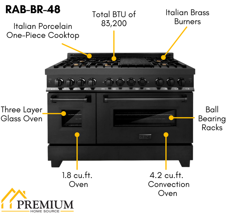 ZLINE Appliance Package - 48 in. Dual Fuel Range, Range Hood, Microwave Drawer, Refrigerator in Black Stainless - 4KPR-RABRH48-MW