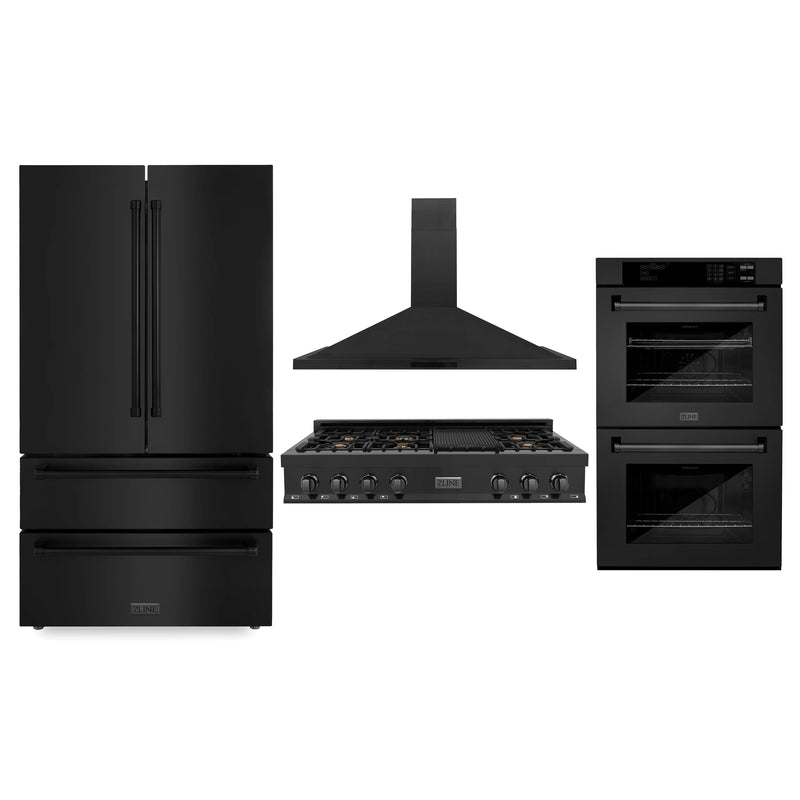 ZLINE Appliance Package - 48" Kitchen Package with Black Stainless Steel Refrigeration, Rangetop, 48" Range Hood and 30" Double Wall Oven