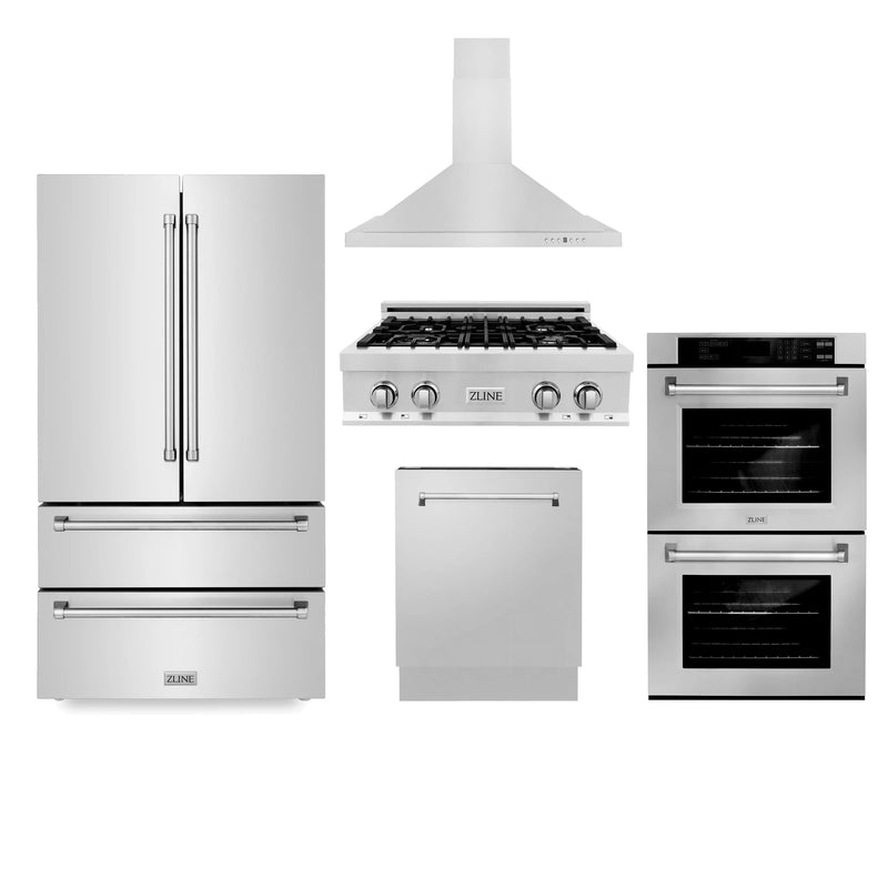 ZLINE Appliance Package -Kitchen Package with Refrigeration, 30" Stainless Steel Gas Rangetop, 30" Convertible Vent Range Hood, 30" Double Wall Oven, and 24" Tall Tub Dishwasher