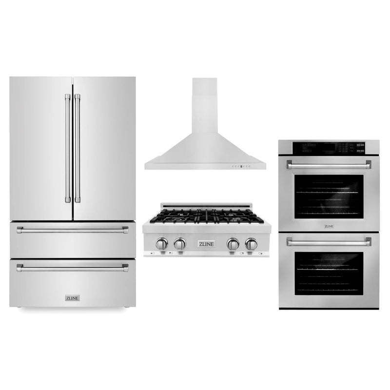 ZLINE Appliance Package - Kitchen Package with Refrigeration, 30" Stainless Steel Rangetop, 30" Range Hood and 30" Double Wall Oven