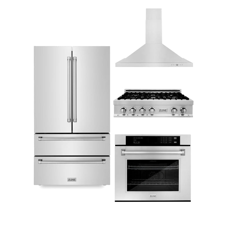 ZLINE Appliance Package -Kitchen Package with Refrigeration, 36" Stainless Steel Rangetop, 36" Range Hood and 30" Single Wall Oven