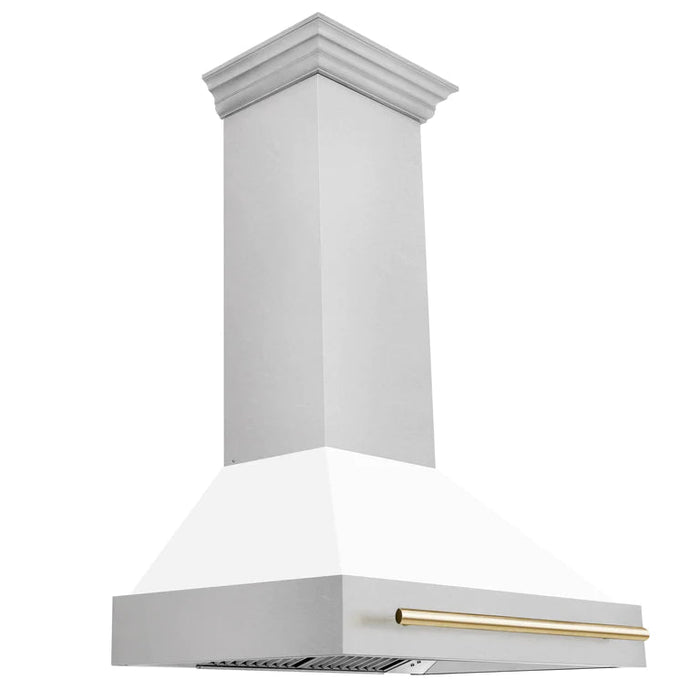 ZLINE Autograph 36 Inch DuraSnow Stainless Steel Range Hood with White Matte Shell and Gold Handle - 8654SNZ-WM36-G