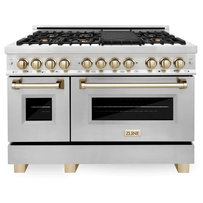 ZLINE Autograph Edition 48 in. Gas Burner/Electric Oven in Stainless Steel with Gold Accents, RAZ-48-G