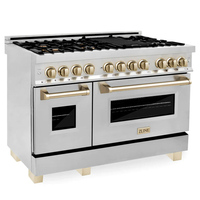 ZLINE Autograph Edition 48 in. Gas Burner/Electric Oven in Stainless Steel with Gold Accents, RAZ-48-G