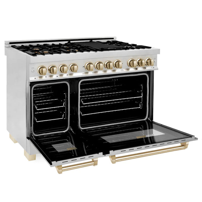 ZLINE Autograph Edition 48 in. Gas Burner/Electric Oven in Stainless Steel with Gold Accents, RAZ-48-G