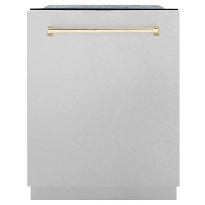 ZLINE Autograph Edition 24 in. Tall Dishwasher, Touch Control in DuraSnow Stainless Steel with Gold Handle, DWMTZ-SN-24-G