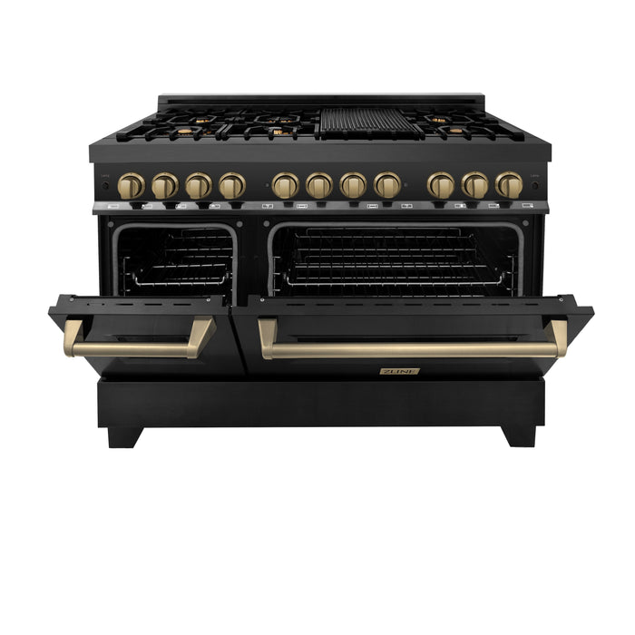 ZLINE Autograph Edition 48" 6.0 cu. ft. Dual Fuel Range with Gas Stove and Electric Oven in Black Stainless Steel with Accents