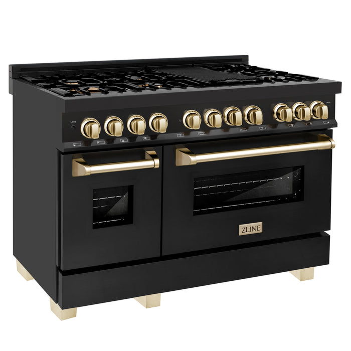 ZLINE Autograph Edition 48" 6.0 cu. ft. Dual Fuel Range with Gas Stove and Electric Oven in Black Stainless Steel with Accents