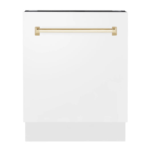 ZLINE Autograph Series 24 inch Tall Dishwasher in White Matte with Champagne Bronze Handle